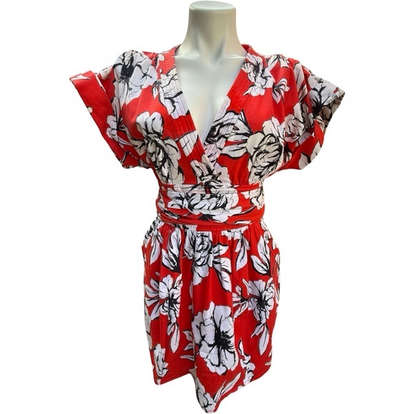 Marissa Webb Luciano Print Mini Dress Red Floral Belted Kimono Sleeve S - Picture 3 of 9